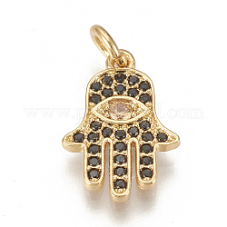 Brass Micro Pave Cubic Zirconia Pendants, with Jump Rings, Palm, Golden, 16x11x1.5mm, Hole: 3mm