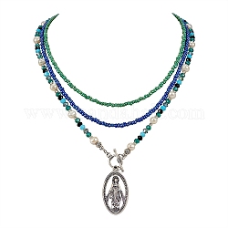 Collares ovalados con colgante virgen maria, Collares de perlas naturales, collares de cuentas de semillas de vidrio con cierre de palanca para mujer, color mezclado, 14.8~19.3 pulgada (37.5~49 cm), 3 PC / sistema