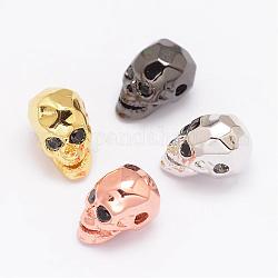 Brass Micro Pave Cubic Zirconia Beads, Skull, Lead Free & Nickel Free & Cadmium Free, Mixed Color, 13x8x9.5mm, Hole: 2mm