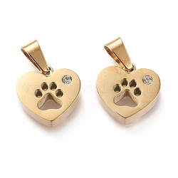 Ion Plating(IP) 304 Stainless Steel Charms, with Rhinestone, Manual Polishing, Heart with Hollow Dog Footprint, Golden, 13.5x14x3.5~4mm, Hole: 3x7mm