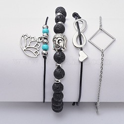 Set di braccialetti impilabili, con perle di roccia lavica naturale, 304 scoperte in acciaio inox, corda poliestere cerato, perle di ottone e perle di lega in stile tibetano, argento antico e colore acciaio inox, 7-1/4 pollice (18.3 cm), 1 pollice ~ 3-1/4 pollici (2.5~8.3 cm), 1~2mm, 4 pc / set
