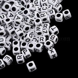 Perles acryliques opaques à trou horizontal, mélange de lettres, cube avec la lettre, noir, 6x6x6mm, Trou: 3~3.5mm, environ 2700 pcs/500 g