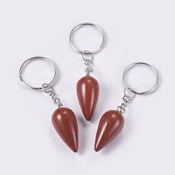 Llavero de jaspe rojo natural, con anillos de llaves de hierro, Platino, lágrima, 80.5mm, colgante: 33.5x15.5 mm