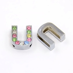 Alloy Rhinestone Letter U Slide Charms Fit DIY Wristbands & Bracelets, about 12mm wide, 14mm long, 5mm thick, hole: 11x2mm