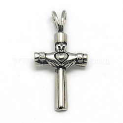 Fashionable Retro 304 Stainless Steel Cross with Claddagh Ring Pendants, Irish, Antique Silver, 33x17x4mm, Hole: 3x5mm