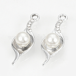 Pendente in lega, con perline in abs di plastica imitazione perla e strass, foglia, platino, 30.5x11x8mm, Foro: 2 mm
