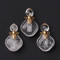 Natural Quartz Crystal Perfume Bottle Pendants, with Golden Brass Findings, Rhombus, 35mm, Hole: 1.6mm