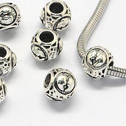 Metall Großlochperlen, großes Loch Rondell Perlen, mit Sternbild / Sternzeichen, Antik Silber Farbe, Zwillinge, 10.5x9 mm, Bohrung: 4.5 mm