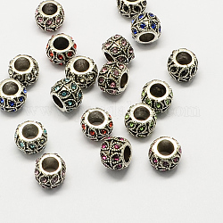 Perles européennes en alliage avec strass, Rondelle de grandes perles de trou, argent antique, couleur mixte, 10x7.5mm, Trou: 5mm