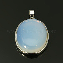 Synthetic Opalite Pendants with Alloy Finding Settings, Oval, Platinum Metal Color, White, 35x24x8mm, Hole: 4x6mm