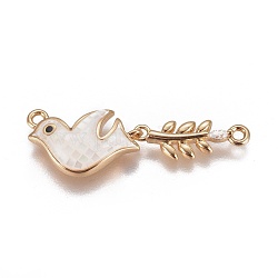 Brass Micro Pave Cubic Zirconia Links, with Shell, Bird with Leaf, Golden, 17x32x3.5mm, Hole: 1.4mm