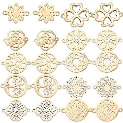 SUNNYCLUE 20Pcs 10 Styles 201 Stainless Steel Connector Charms, Flower & Flat Round & Clover Links, Mixed Shapes, Golden & Stainless Steel Color, 17~21x14~16x1mm, Hole: 1.4~1.8mm, 2pcs/style