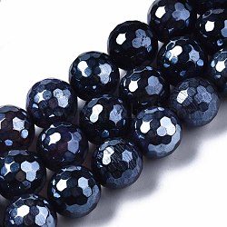 Natural Agate Beads Strands, Pearl Luster Plated, Faceted, Round, Midnight Blue, 12mm, Hole: 1.6mm, about 30~33pcs/strand, 13.70~15.75 inch(34.8~40cm)