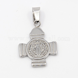 Fashionable 304 Stainless Steel Pendants, Cross with San Benito, Stainless Steel Color, 24x17.5x1.5mm, Hole: 3x6mm
