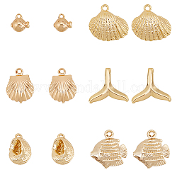 BENECREAT 12 Pcs 6 Style Brass Charms, Fish & Whale Tail & Shell, Real 18K Gold Plated, 6.5~13x6.5~14.5x3~5mm, Hole: 1~5.5mm, 2pcs/style 