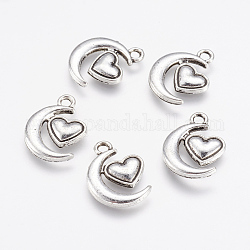 Alloy Pendants, Moon and Heart, Antique Silver, 17x13x2mm, Hole: 2mm