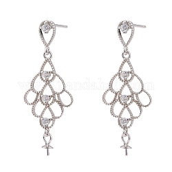 925 Sterling Silver Stud Earring Findings, with Cubic Zirconia, For Half Drilled Beads, Teardrop, Clear, Platinum, 34x12.5mm, Pin: 0.5mm
