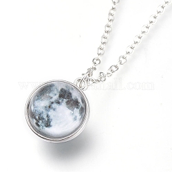 Glass Pendant Necklace, with Alloy Cable Chains and Lobster Claw Clasps, Cadmium Free & Lead Free, Round, Platinum, Galaxy Pattern, 20.07 inch(51cm), Pendants: 21x18x17mm