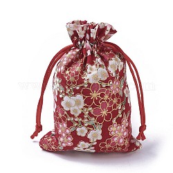 Bolsas de embalaje de arpillera, bolsas de cordón, rectángulo con el modelo de flor, rojo, 14.2~14.7x10~10.3 cm