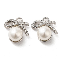 Lega con pendenti in strass, con abs imitazione perla, charms bowknot, platino, 18.5x18x10mm, Foro: 2.5 mm