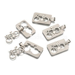 201 Stainless Steel Split Pendants, Rectangle with Bicycle, Stainless Steel Color, 32x21x1.5mm, Hole: 4x9mm