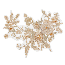 3d fleur organgza polyester broderie ornement accessoires, patch appliqué, couture artisanat décoration, avec des perles d'imitation de perles, verge d'or, 350x290x1.5~6mm