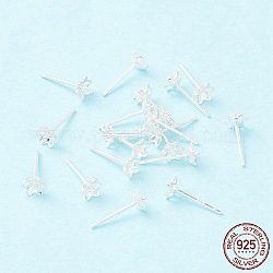 925 Sterling Silver Stud Earring Findings, for Half Drilled Beads, Flower, Silver, 4.5x4.5mm, Pin: 0.7mm
