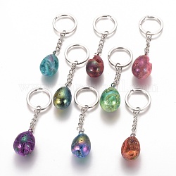 Porte-clés en quartz électrolytique naturel druzy geode quartz, avec des chaînes en fer et des porte-clés en alliage, ovale, pierre d'oeuf, pour Pâques, platine, couleur mixte, 81~83mm