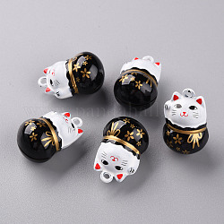 Cuisson pendentifs de cloche en laiton peint, Maneki neko / chat faisant signe, noir, 26.5x17x16mm, Trou: 2mm