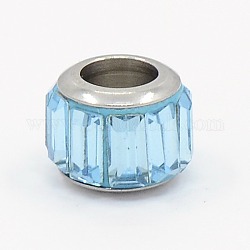 Glasperlen europäischen, großes Loch Trommel Perlen, mit 304 Edelstahlkern, facettiert, Licht Himmel blau, 7x9 mm, Bohrung: 5 mm