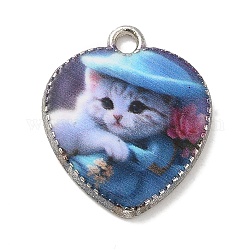 Pendentif en alliage, coeur avec chat, platine, bleuet, 21x18x2.5mm, Trou: 2mm