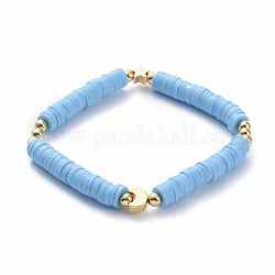 Handgemachte Polymer Clay heishi Perlen Stretch Armbänder, mit vergoldeten Messingperlen, Mond & Sterne, Licht Himmel blau, Innendurchmesser: 1-3/4 Zoll (4.5 cm)