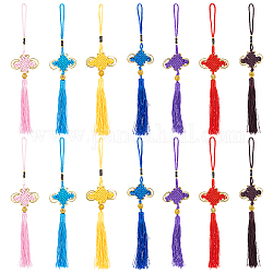 Nbeads 14 stücke 7 farben chinesische knoten polyester quaste anhänger dekorationen, mit Kunststoff-Perlen, Mischfarbe, 270~590x52~57.5x11.5 mm, 2 Stk. je Farbe