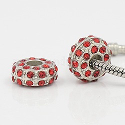 Alloy European Beads, with Grade A Rhinestone Beads, Large Hole Beads, Rondelle, Platinum Metal Color, Light Siam, 14x7mm, Hole: 5mm