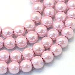 Baking Painted Pearlized Glass Pearl Round Bead Strands, Flamingo, 8~9mm, Hole: 1mm, about 105pcs/strand, 31.4 inch