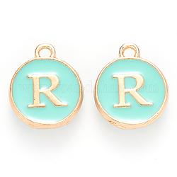 Golden Plated Alloy Enamel Charms, Cadmium Free & Lead Free, Enamelled Sequins, Flat Round with Letter, Turquoise, Letter.R, 14x12x2mm, Hole: 1.5mm