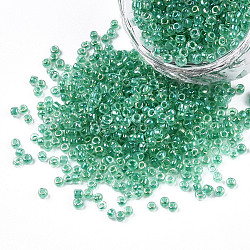 12/0 Glass Seed Beads, Inside Colours, Round Hole, Round, Transparent Colours Rainbow, Medium Sea Green, 12/0, 2~2.5x1.5~2mm, Hole: 0.8mm, about 6666pcs/100g