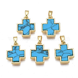 Real 18K Gold Plated Brass Pendants, with Synthetic Turquoise Cabochons, Cadmium Free & Nickel Free & Lead Free, Cross, Turquoise, 15.5x13x2.5mm, Hole: 2.5x5mm