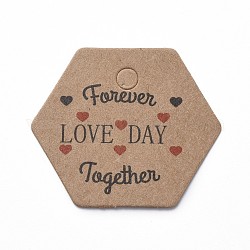 Etiquetas de regalo de papel, etiquetas de suspensión, para manualidades, para la boda, día de San Valentín, hexágono con palabra, burlywood, 30x35x0.4mm, agujero: 4 mm