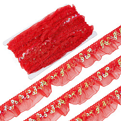 Finiture in pizzo plissettato in chinlon, con paillettes, per il cucito, confezione regalo, disegno floreale, rosso, 1-1/8 pollice (30 mm), circa 12.03 iarde (11 m)/carta