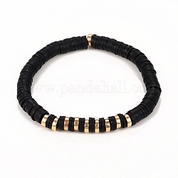Bracelets élastiques faits à la main de perles heishi en pâte polymère, avec des non-magnétiques perles synthétiques d'hématite, noir, diamètre intérieur: 2-3/8 pouce (6.2 cm)