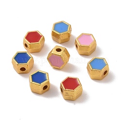 Legierung Tibetische Perlen, mit Emaille, Hexagon, mattgoldene Farbe, Mischfarbe, 6x7x4 mm, Bohrung: 1.6 mm