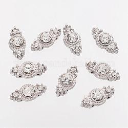 Zinc Alloy Rhinestone Bar Spacers, Two Holes, Flat Round, Platinum, Size: about 8.5mm wide, 17.5mm long, 5.6mm thick, hole: 1mm.