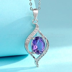925 Sterling Silver Pendants, with Glass and Rhinestone, Leaf, Blue Violet, Silver, Crystal