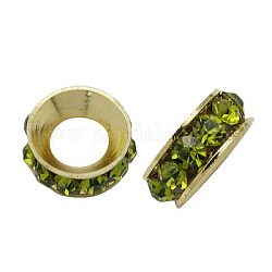 Brass Rhinestone Spacer Beads, Grade A, Rondelle, Light Gold Metal Color, Olivine, 9x4mm, Hole: 4mm