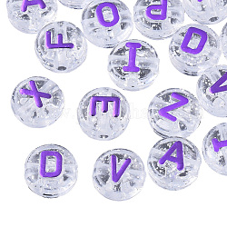 Perles acryliques transparentes, avec de la poudre de paillettes, métal enlacée, plat rond avec la lettre, bleu violet, 10x6mm, Trou: 1.8mm, environ 632 pcs/200 g