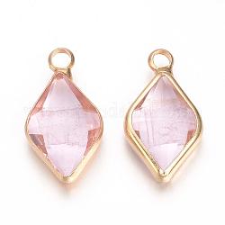 Glass Pendants, with Brass Findings, Faceted, Rhombus, Nickel Free, Raw(Unplated), Pearl Pink, 18x10x4.5mm, Hole: 2mm