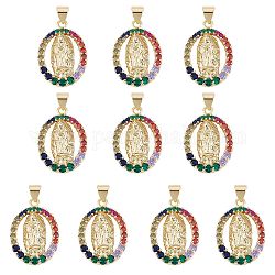 10Pcs Rack Plating Brass Micro Pave Cubic Zirconia Pendants, Real 18K Gold Plated, Long-Lasting Plated, Oval with Virgin Mary, Colorful, 23.5x16.5x3mm, Hole: 3.5x3mm