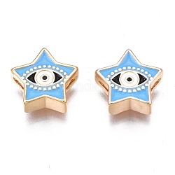 Perles en laiton émaillé, sans nickel, or, étoile avec un mauvais œil, lumière bleu ciel, 11x11.5x4mm, Trou: 1.2mm