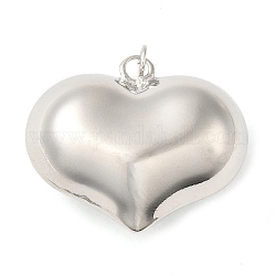 Rack Plating Brass Pendants, with Jump Ring, Puffed Heart Charm, Platinum, 26x31x13mm, Hole: 3.5mm
